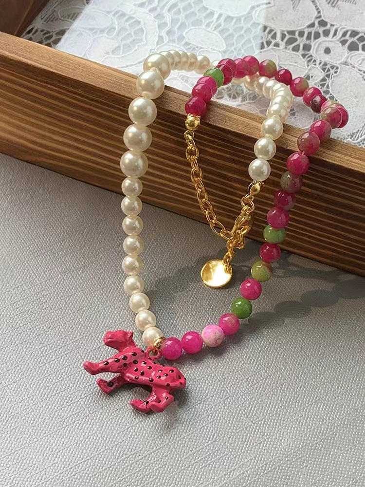 Sweet cool pink leopard pearl necklace