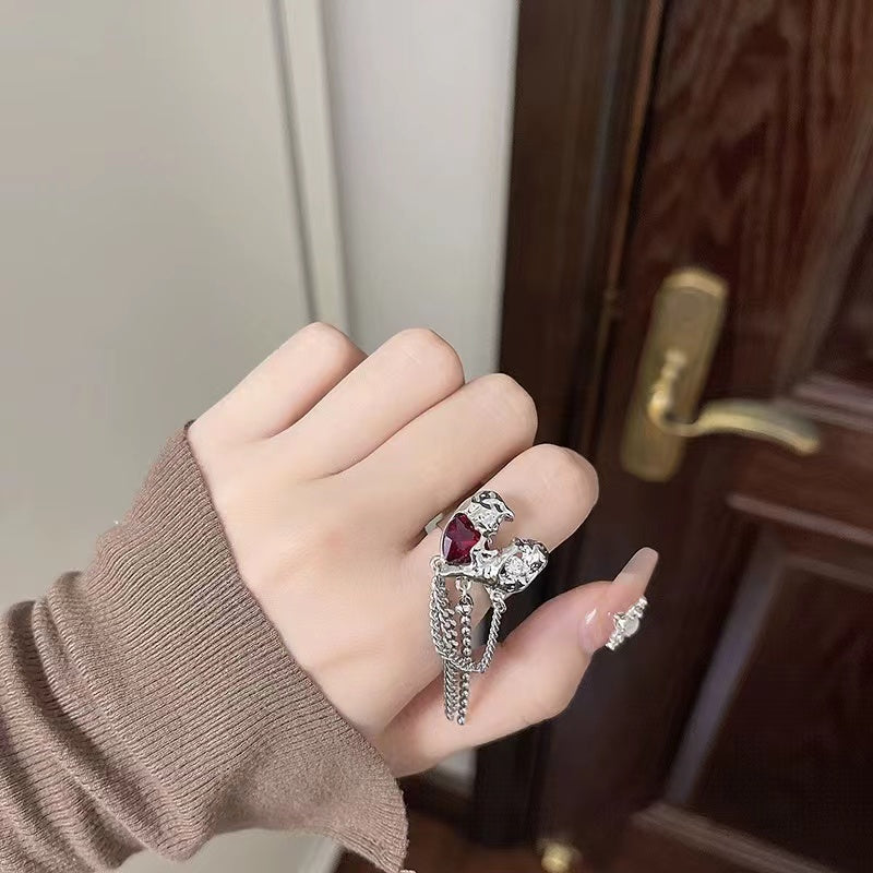 Niche design dark lava love ruby tassel ring female sweet cool tide