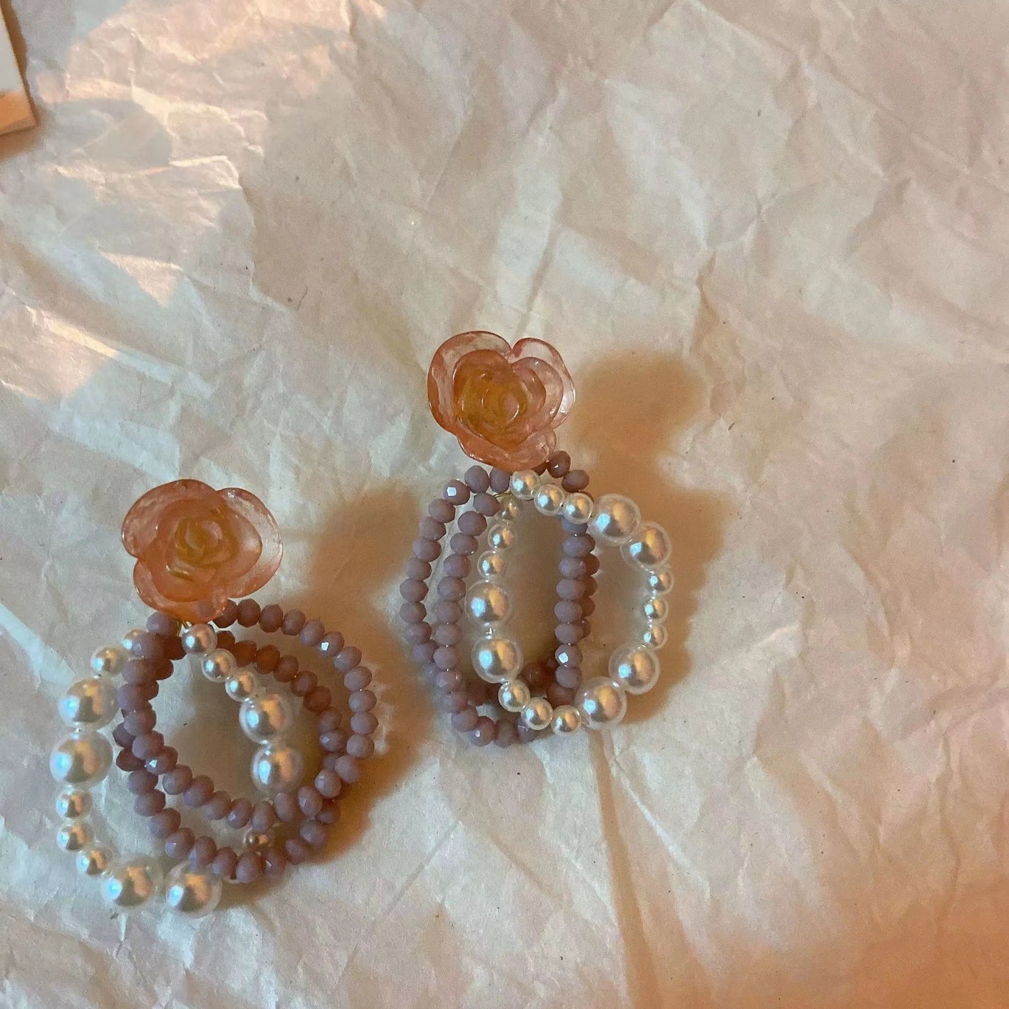 Vintage sweet Hong Kong Style Pink Rose Earrings
