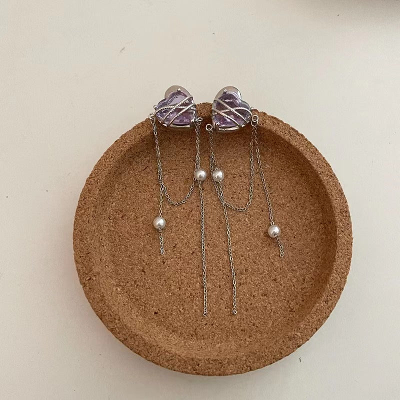 925 silver needle purple love zirconia tassel pearl earrings super fairy niche design sense senior sense earrings female tide