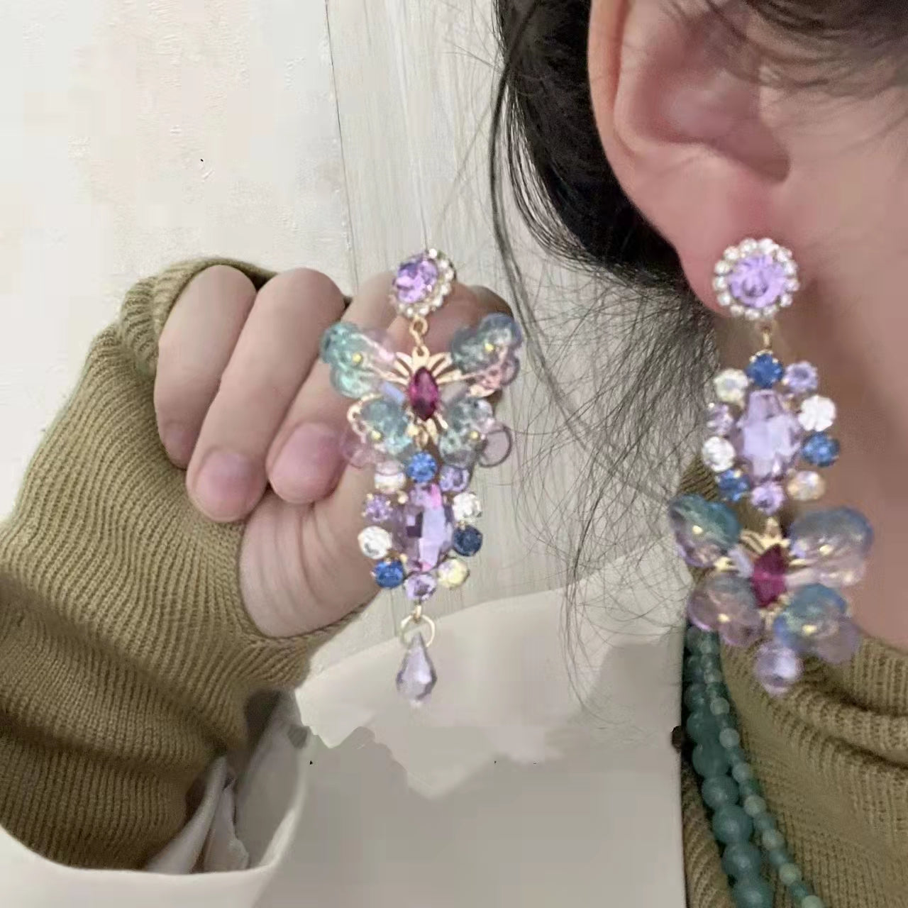 Vintage asymmetric purple flowers butterfly long earrings