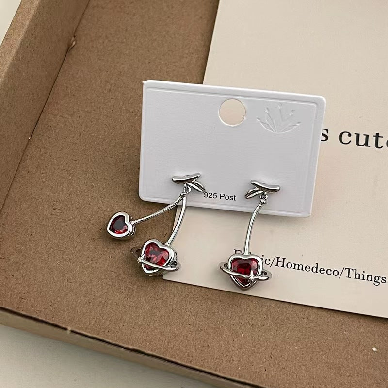 925 silver pin burgundy zirconia love Cheerios earrings niche design sense cold wind earrings ins sweet earrings