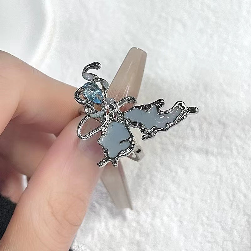 Haze blue butterfly snake ring zirconia niche design French open ring