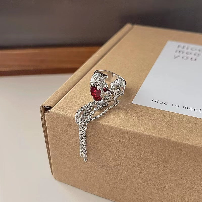Niche design dark lava love ruby tassel ring female sweet cool tide