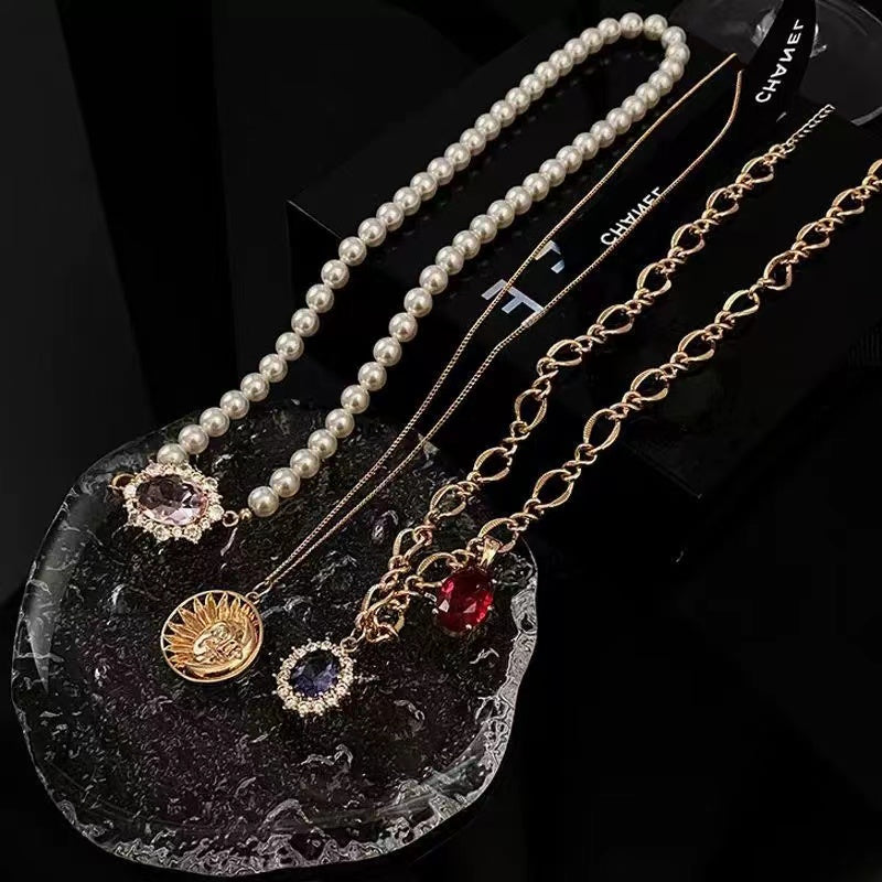 French vintage temperament pearl and diamond multi-layer necklace