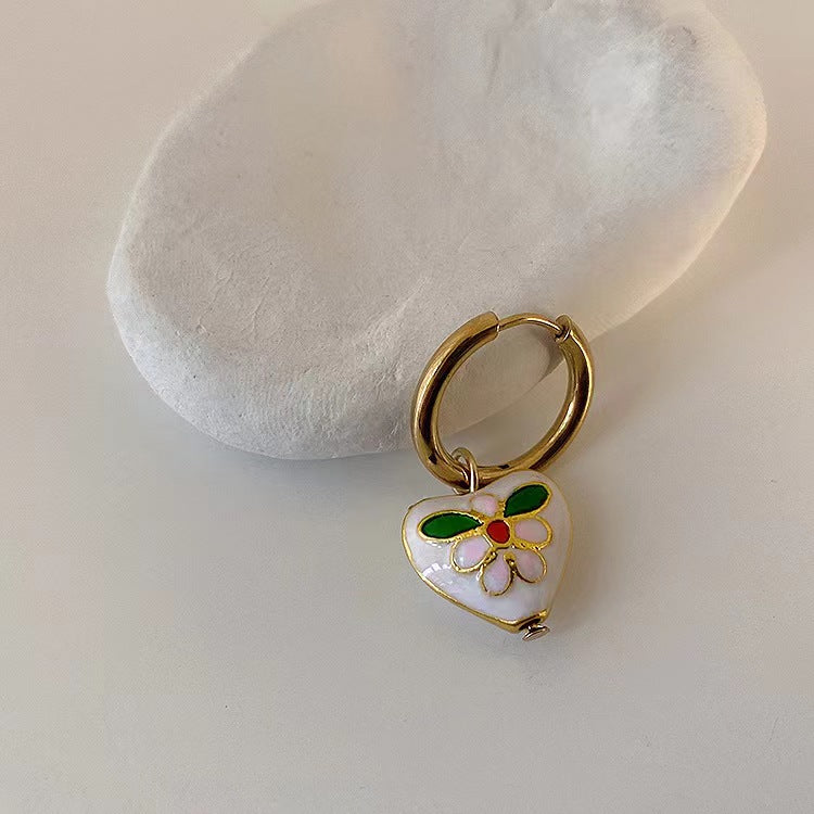 French retro oil dripping pearl love flower earrings
