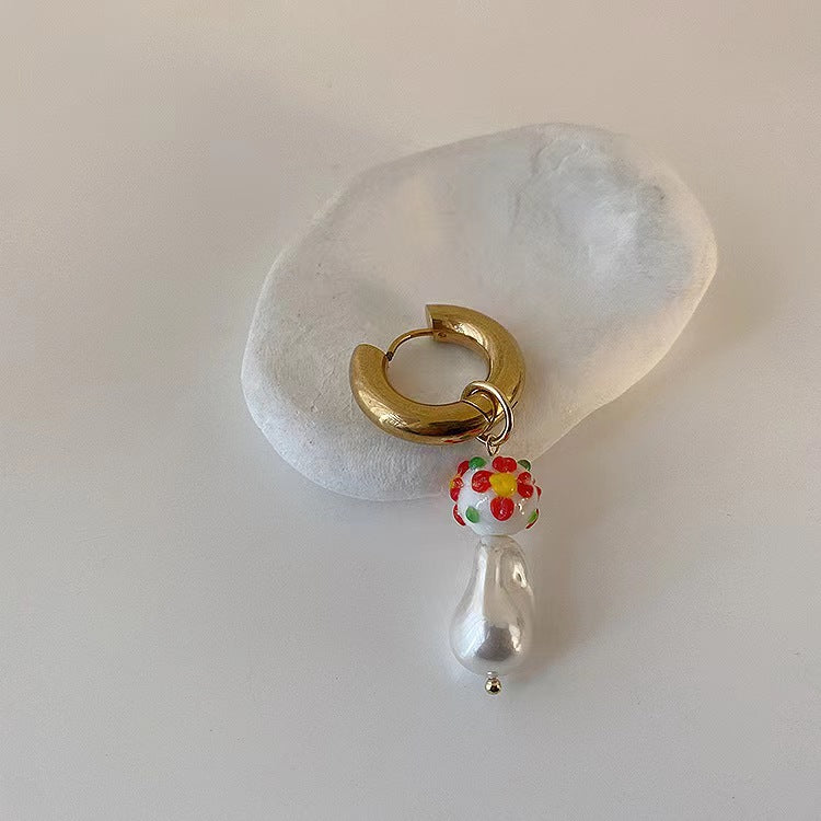 French retro oil dripping pearl love flower earrings