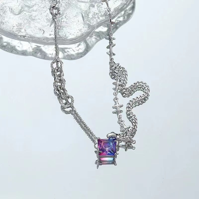 Color zircon necklace female ins cold wind senior sense of personality trend splicing accessories Korean sweet cool collarbone chain
