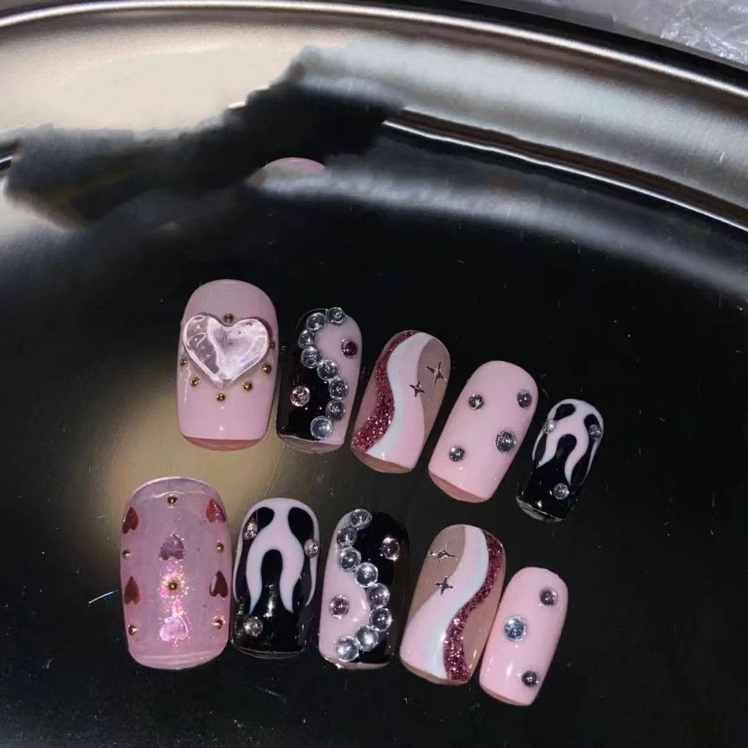 Sweet Cool Hottie Pink Tai Chi Flame Nail Crushed Diamond Nail Art 2K Short Hand Painted Wearable Nail Barbie Pink Trend