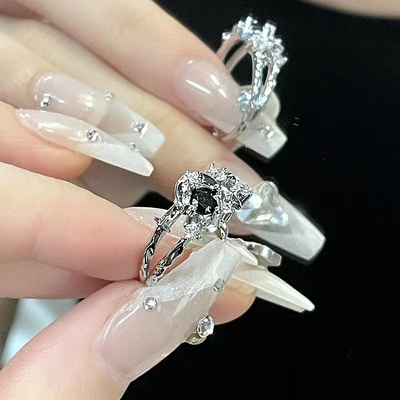 Black zirconia star and moon personalized French ring