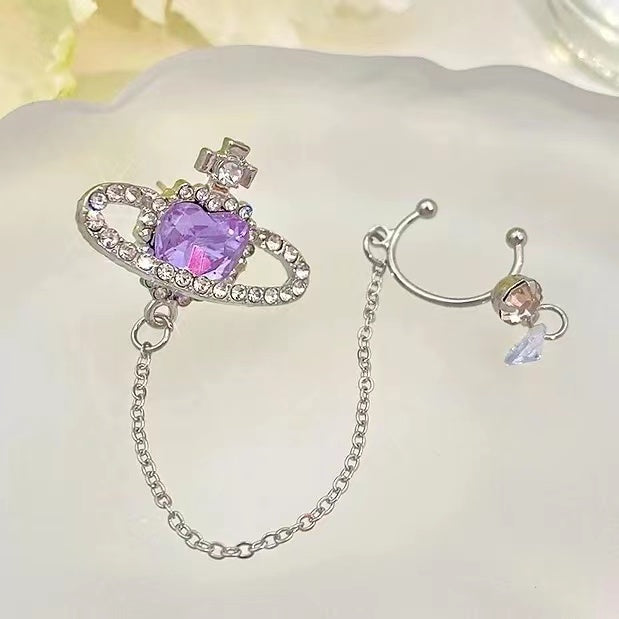 Purple Saturn ear bone clip earrings sparkling diamond girl fairy sweet cool spring and summer tide temperament