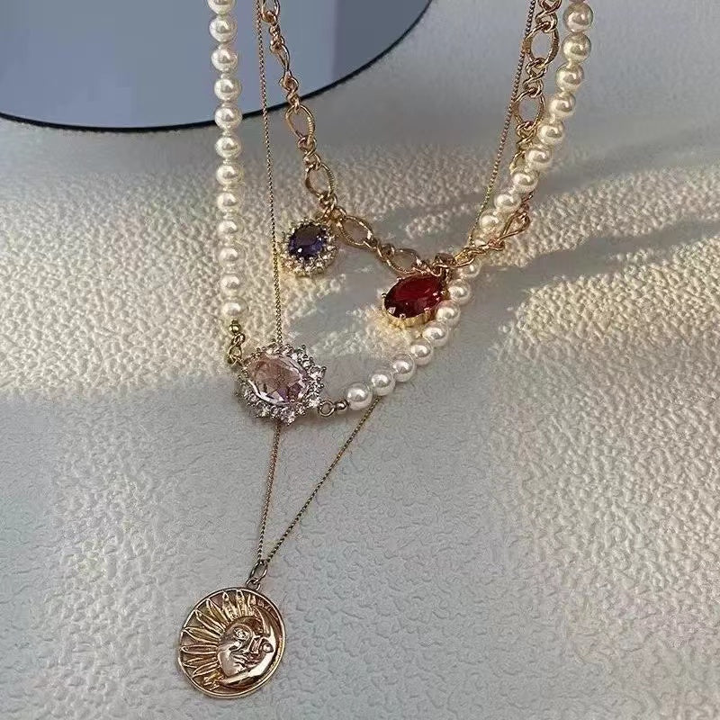 French vintage temperament pearl and diamond multi-layer necklace