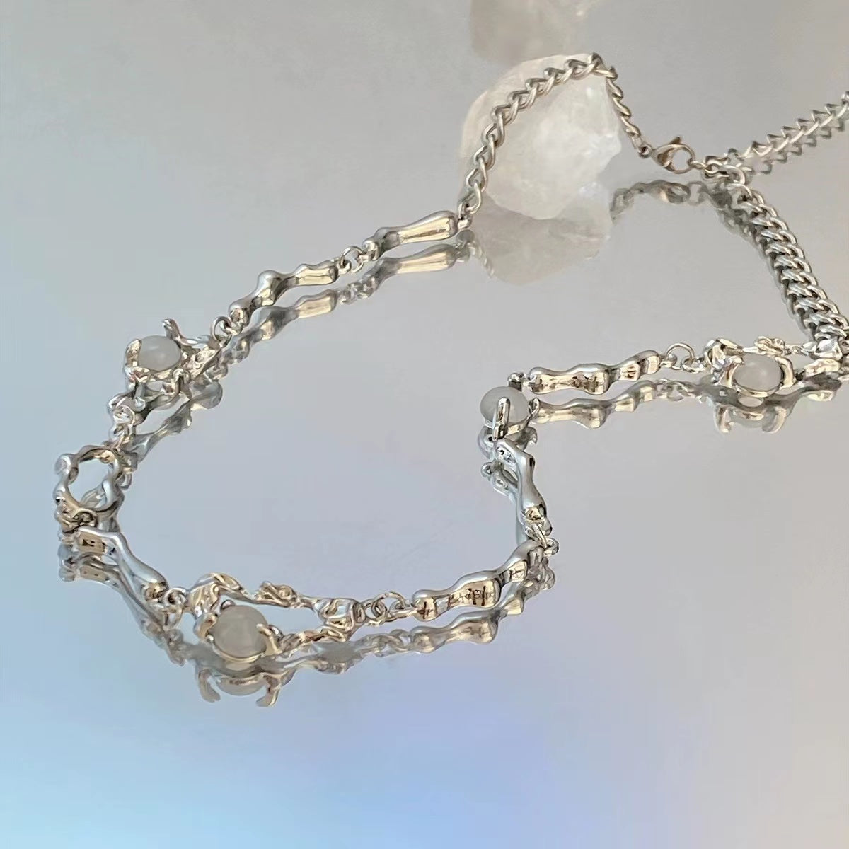 Twisted pin patchwork moonstone necklace