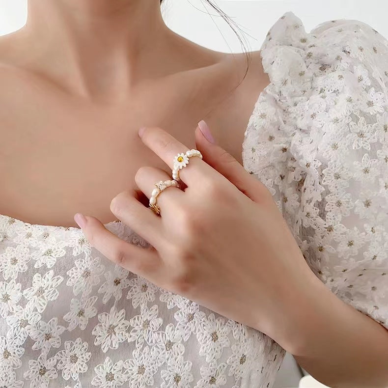 Freshwater pearl girl heart zirconia flower ring