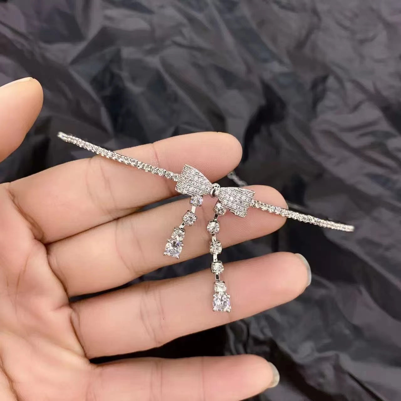 Diamond bow drop collar necklace