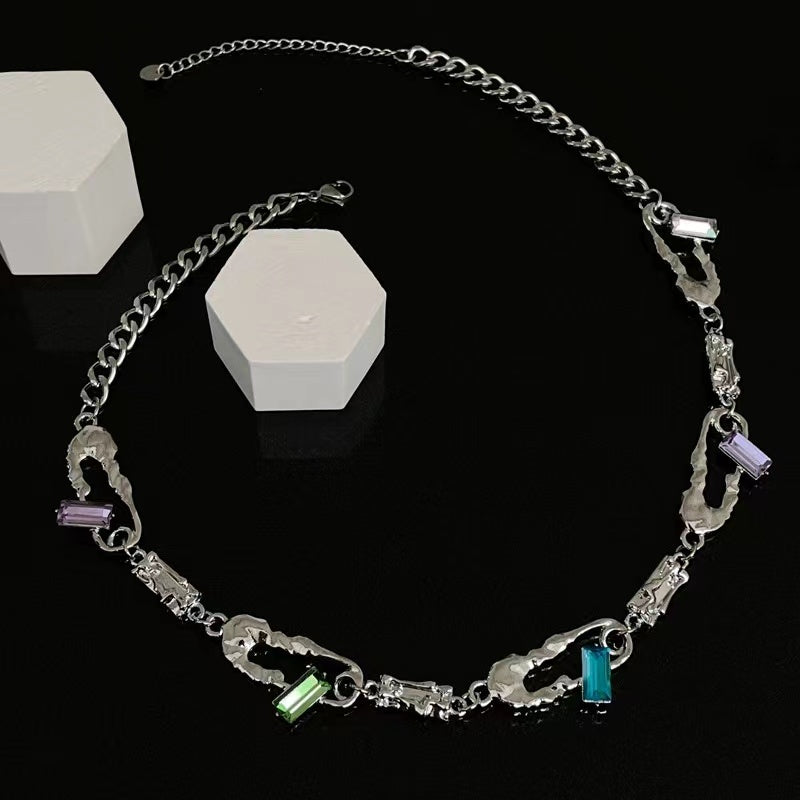 Sweet cool personality colorful diamond stitching pin necklace female niche cold wind ins hip-hop Europe and the United States design sense collarbone chain