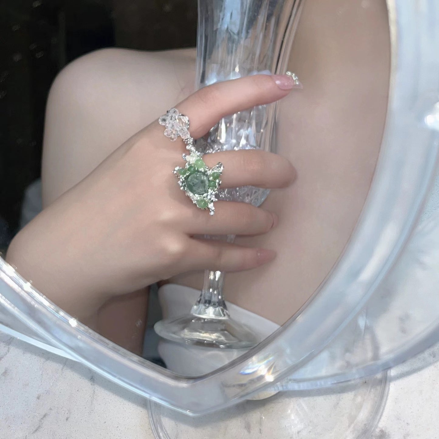 Original design a variety of hand-beaded crystal tourmaline lava texture ring women ins light luxury premium feeling ring