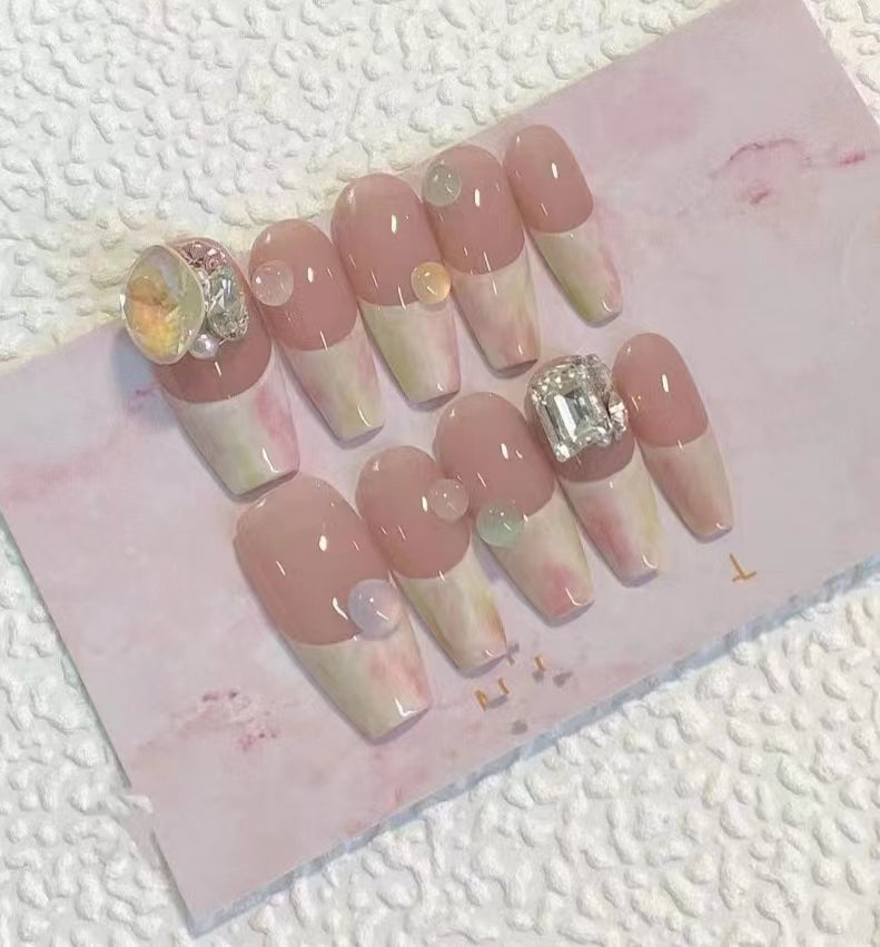 Handmade wearable French style stacked diamond gentle clean temperament style summer cream medium length nail piece