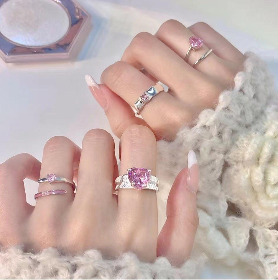 Pink heart silver ring