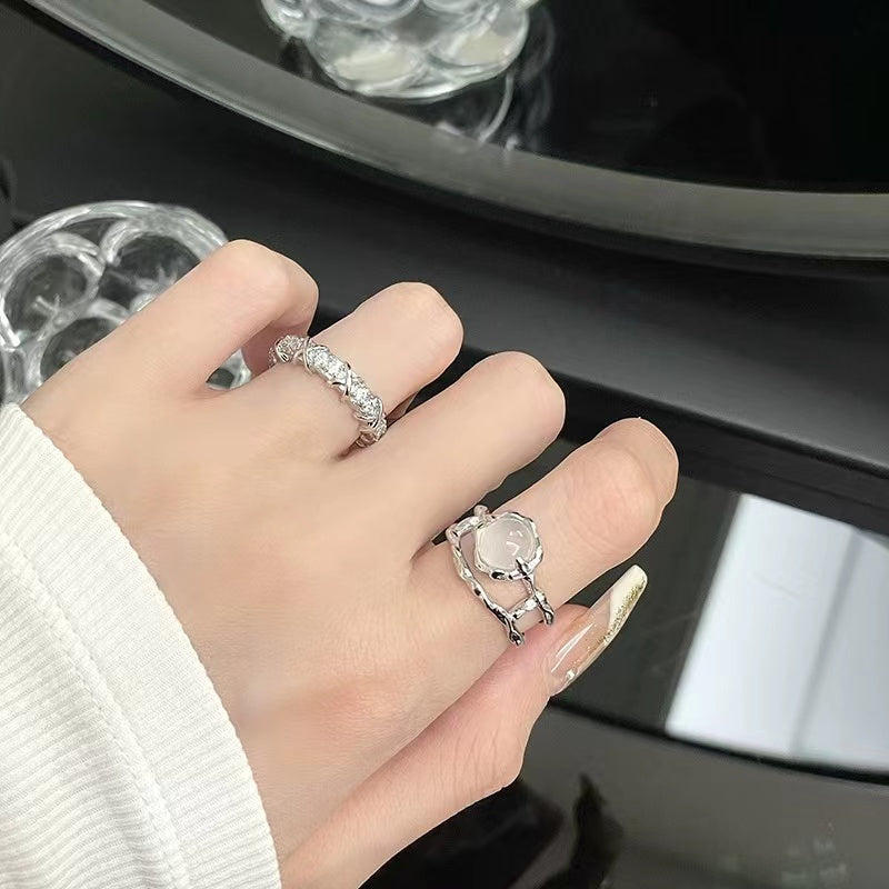 Niche design moonstone with diamond zircon ring women gemstone open ring
