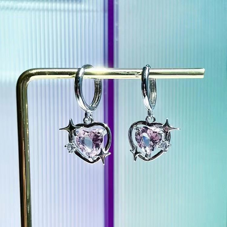 S925 silver peach Zircon Earrings Pink Love Crystal inlaid Earrings