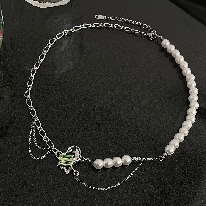 Niche green diamond love stitching pearl necklace female senior Korean design sense ins cold wind light luxury collarbone chain