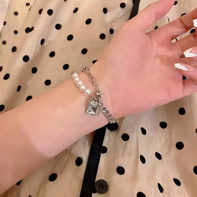 Double stacked pearl chain splicing bracelet female male ins Japanese and Korean trend light luxury niche hip-hop hand jewelry accessories