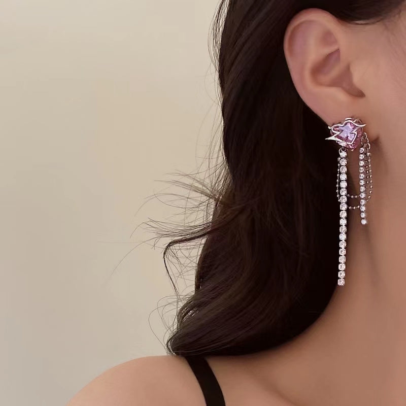 Pink sweetheart super flash zirconia tassel love metal sweet cool earrings