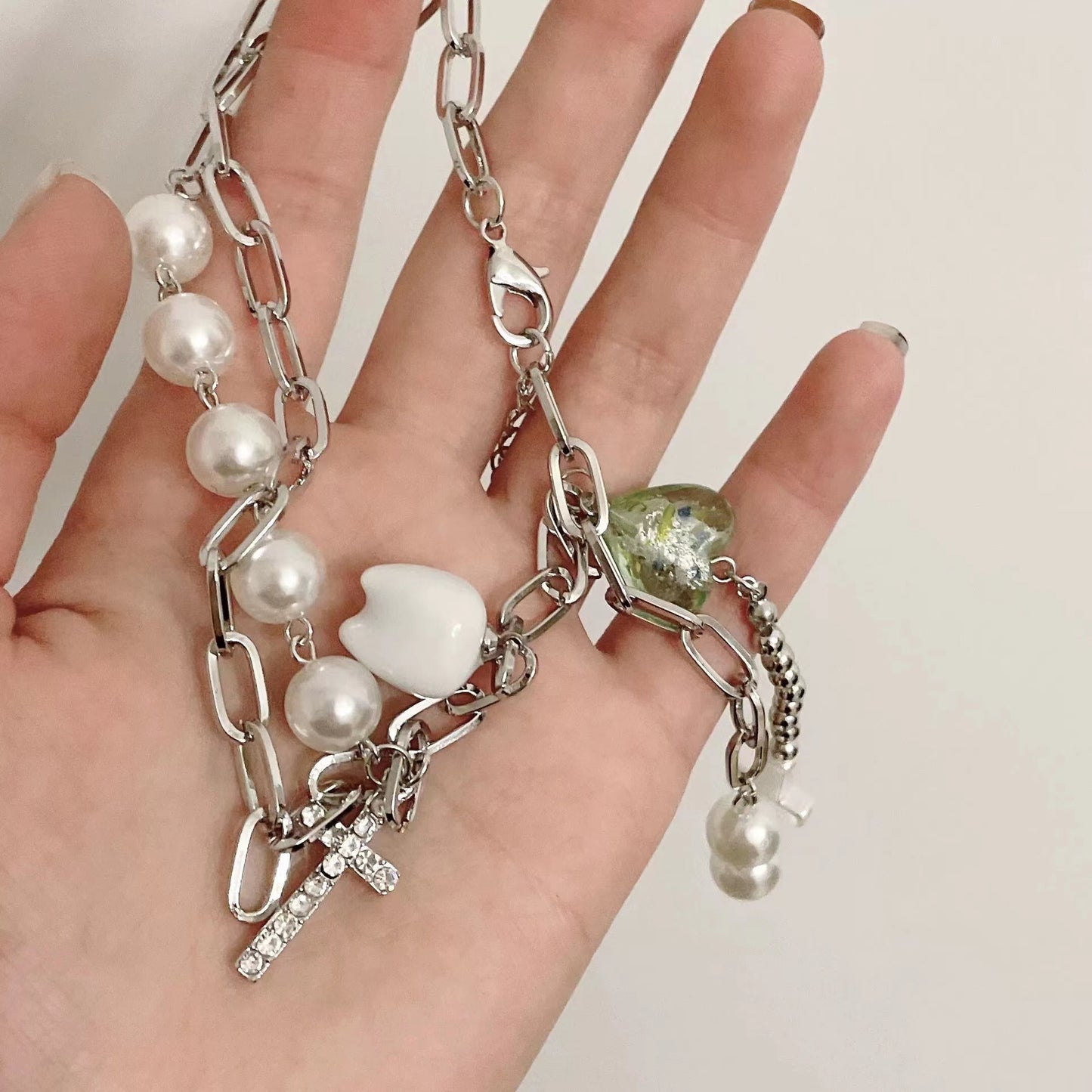 Tooth Cross Pearl Metal Necklace