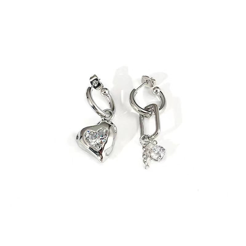 Cold wind earrings female ins wind exaggerated asymmetric silver zirconia earrings 925 silver pin senior sense of love earrings