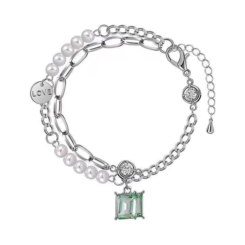 Double stacked pearl chain splicing bracelet female male ins Japanese and Korean trend light luxury niche hip-hop hand jewelry accessories