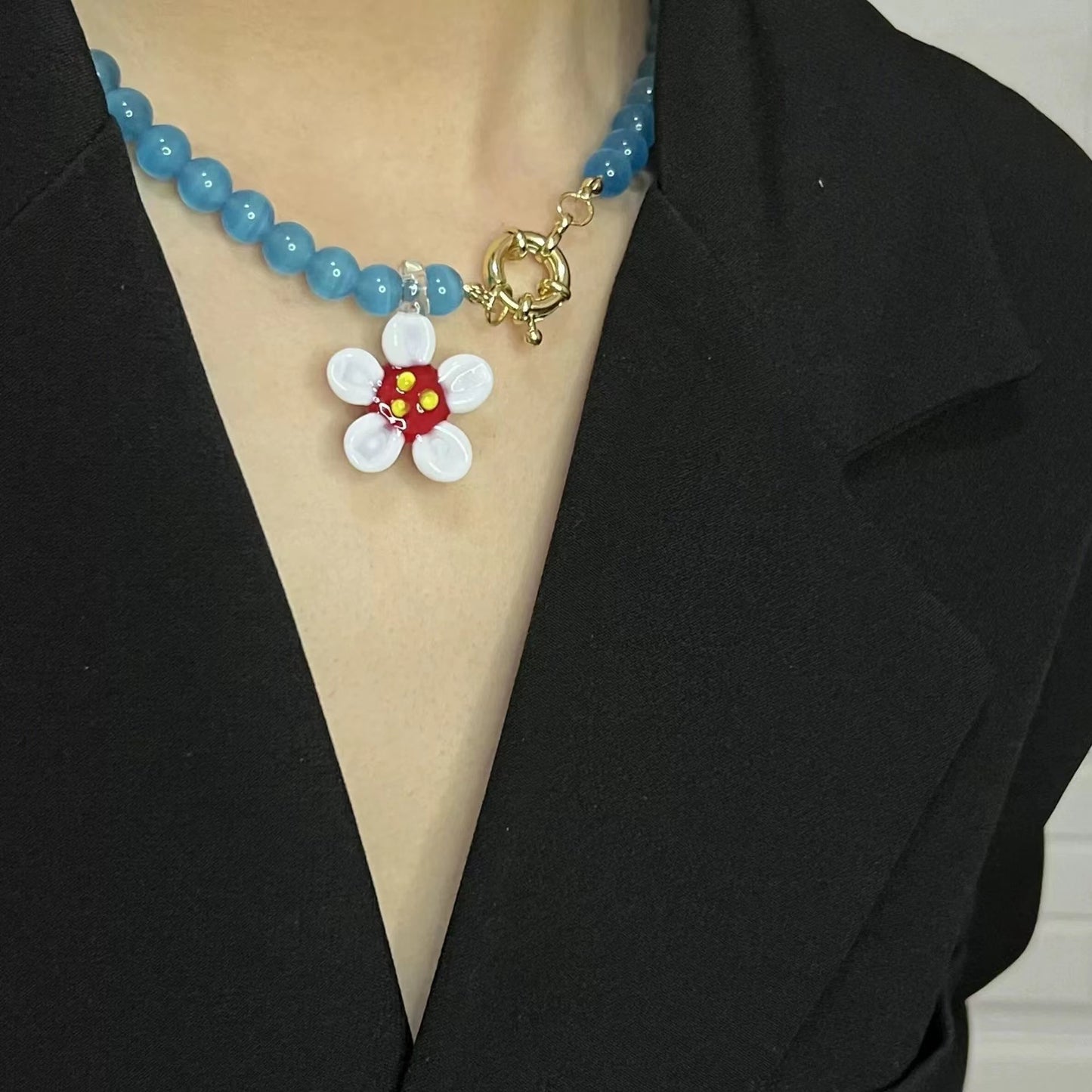 Craftworks cat's eye stone resort style handmade glass colorful flower necklace