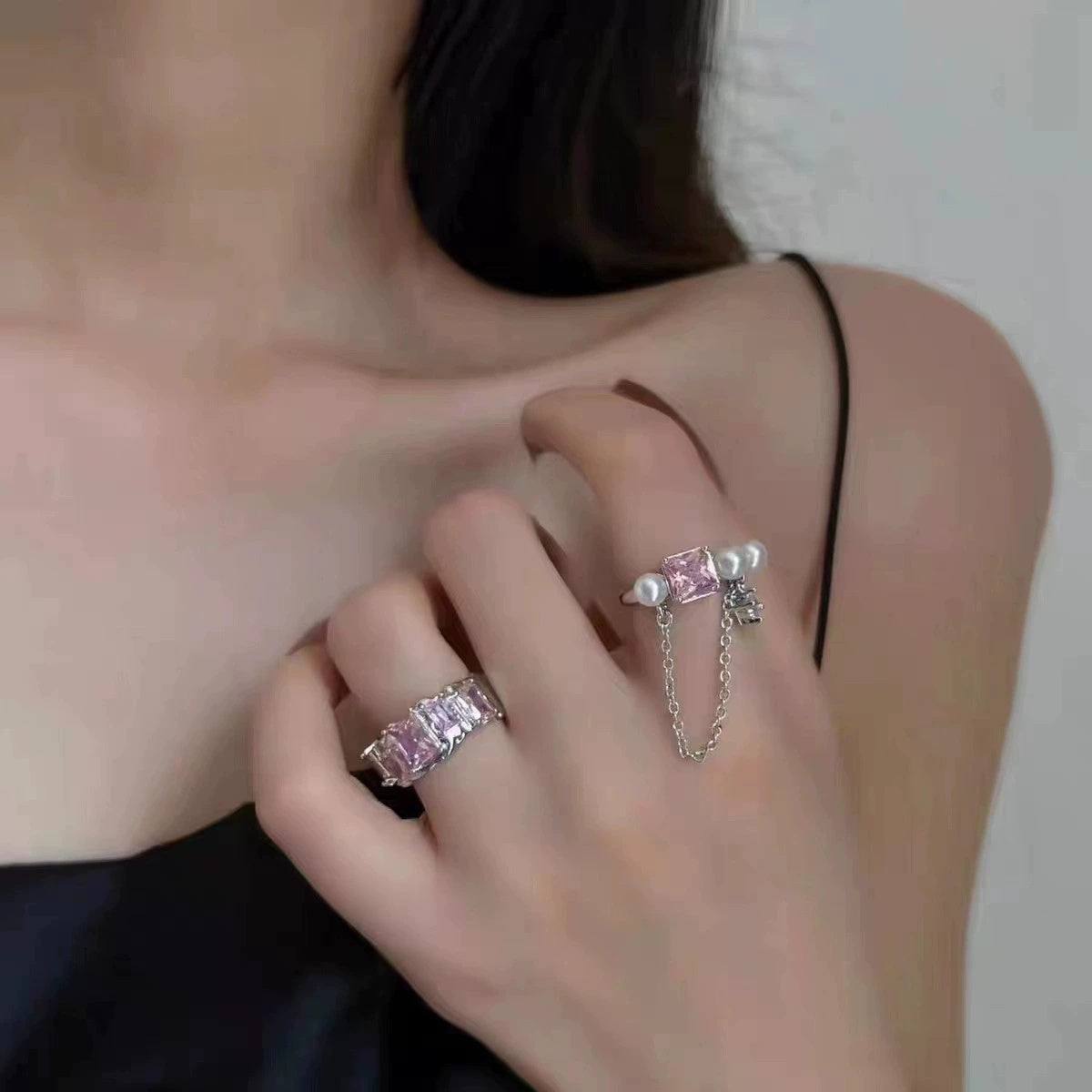 Rose Nebula Collection rose metal texture pink zirconia couple ring