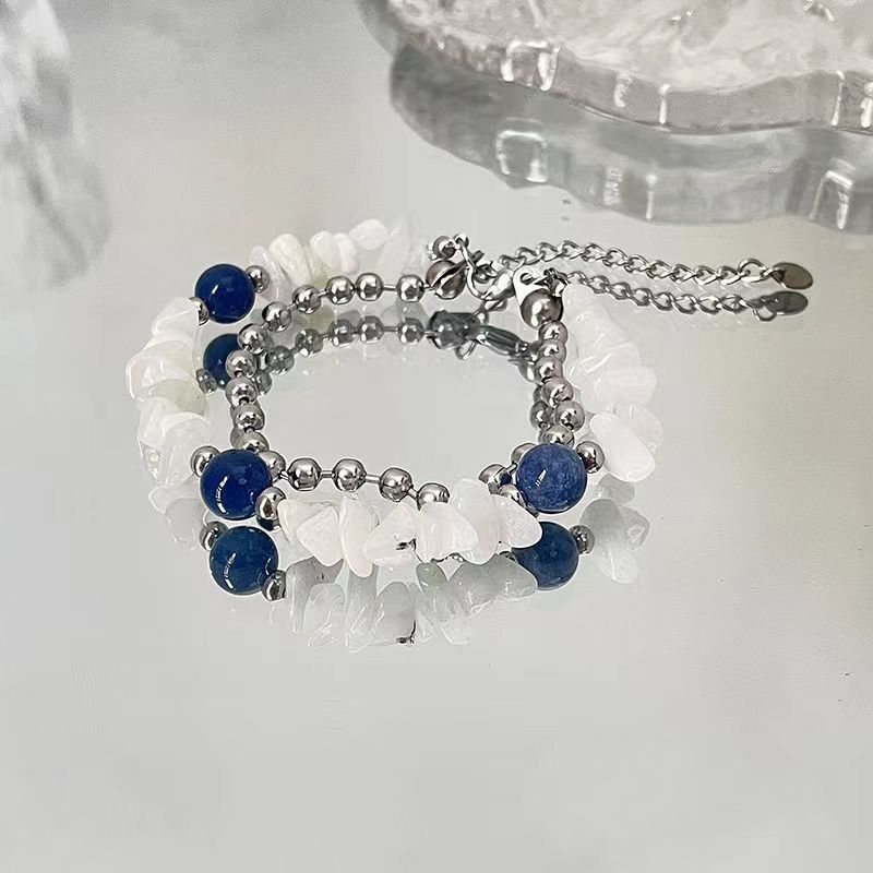 Double layer white crushed stone blue bead bracelet
