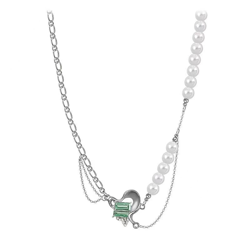 Light luxury niche mint green zirconia love pendant pearl chain