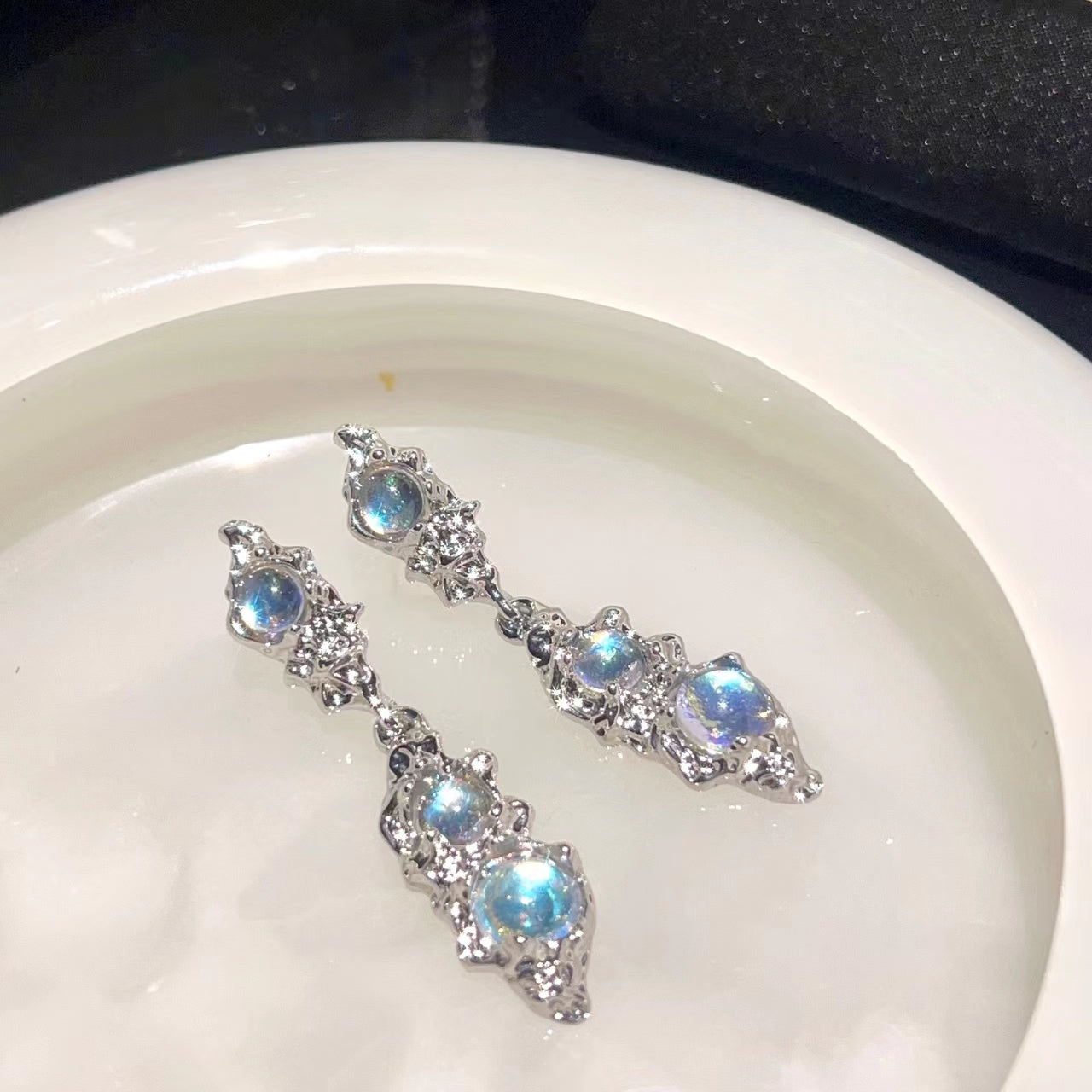Moonlight necklace cross earrings set 925 silver pin lunar eclipse collarbone chain silver stones