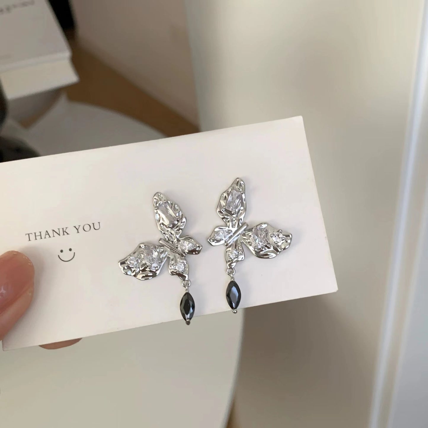 S925 silver pin glitter butterfly drop dangle earrings