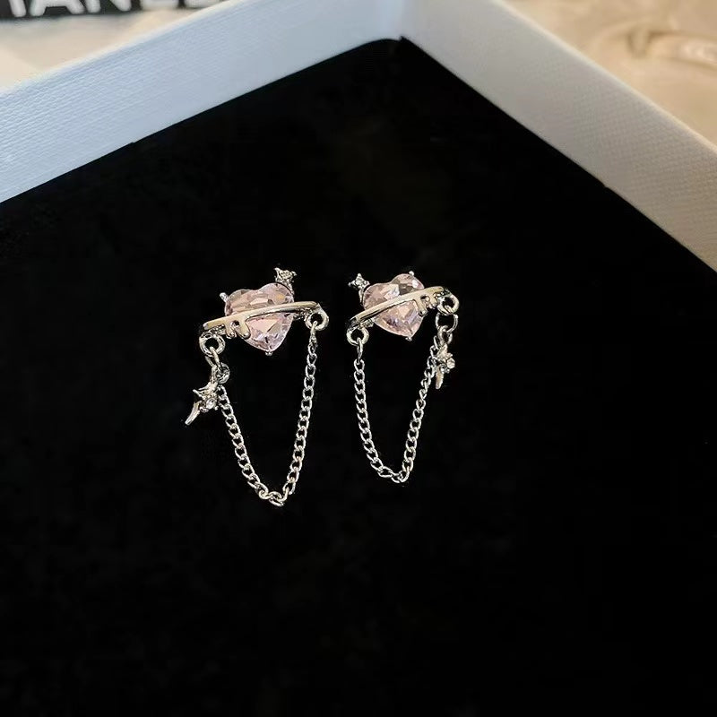 Silver pin awning star with diamond love tassel earrings niche design earrings