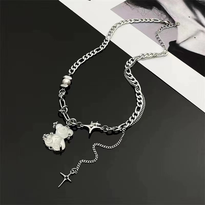 Fashion personality bear pendant stitching tassel star mango necklace female light luxury ins niche design hundred matching collarbone chain
