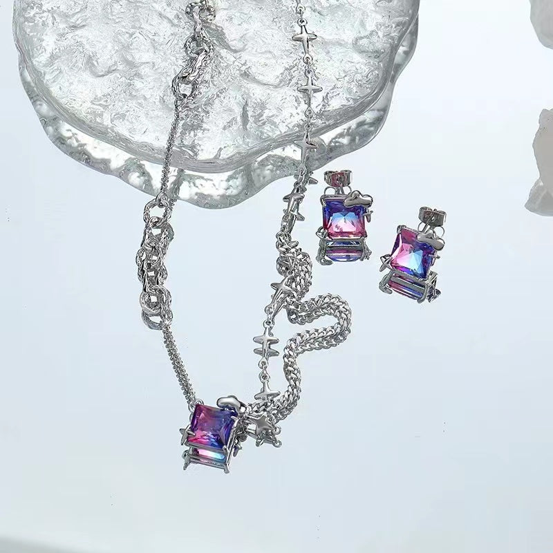 Color zircon necklace female ins cold wind senior sense of personality trend splicing accessories Korean sweet cool collarbone chain