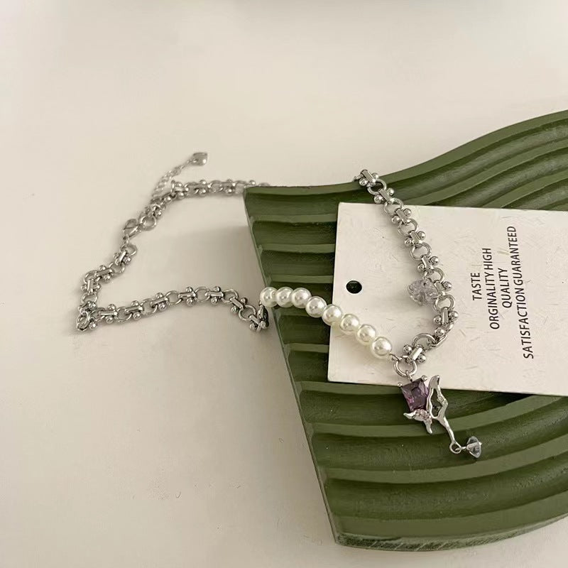Zirconia pendant necklace female purple super fairy pearl chain splicing collarbone chain