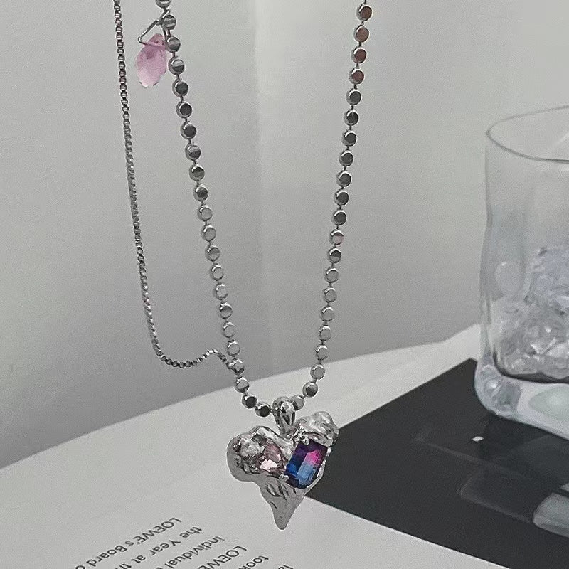 Flash diamond chain double stacked wear short chain gradient crystal splicing love necklace female sweet cool ins hip-hop collarbone chain