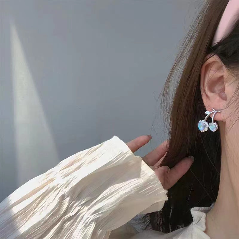 Moonstone cherry earrings ~ senior sense ins niche design earrings love chic hot girl light luxury sweet cool earrings