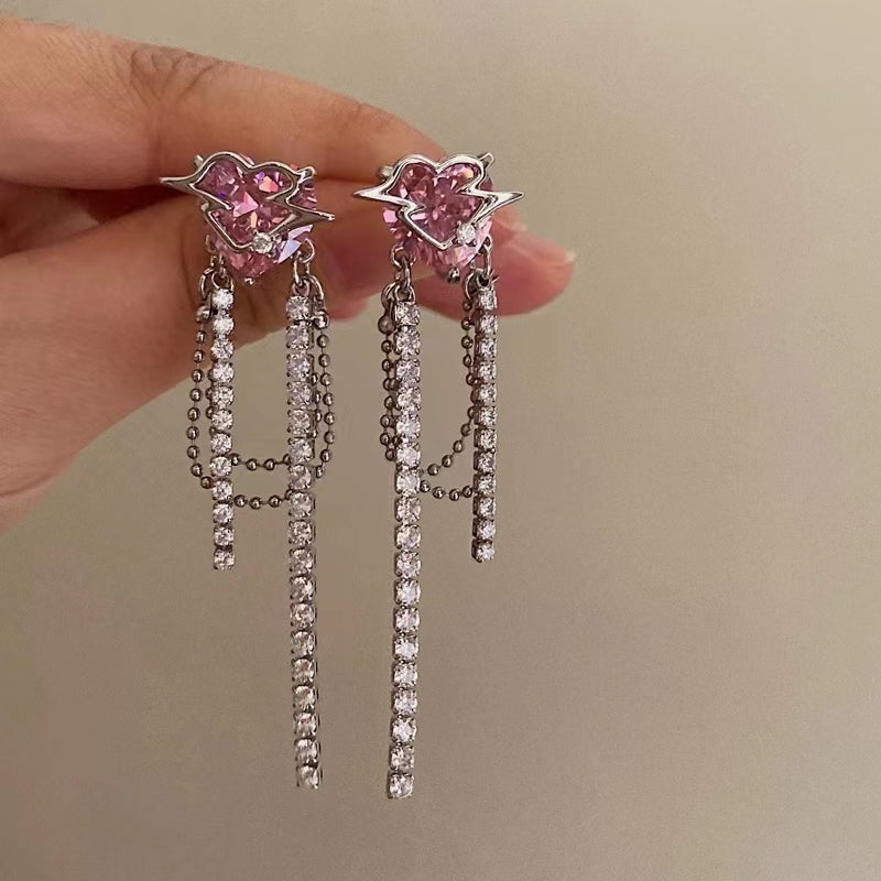 Pink sweetheart super flash zirconia tassel love metal sweet cool earrings