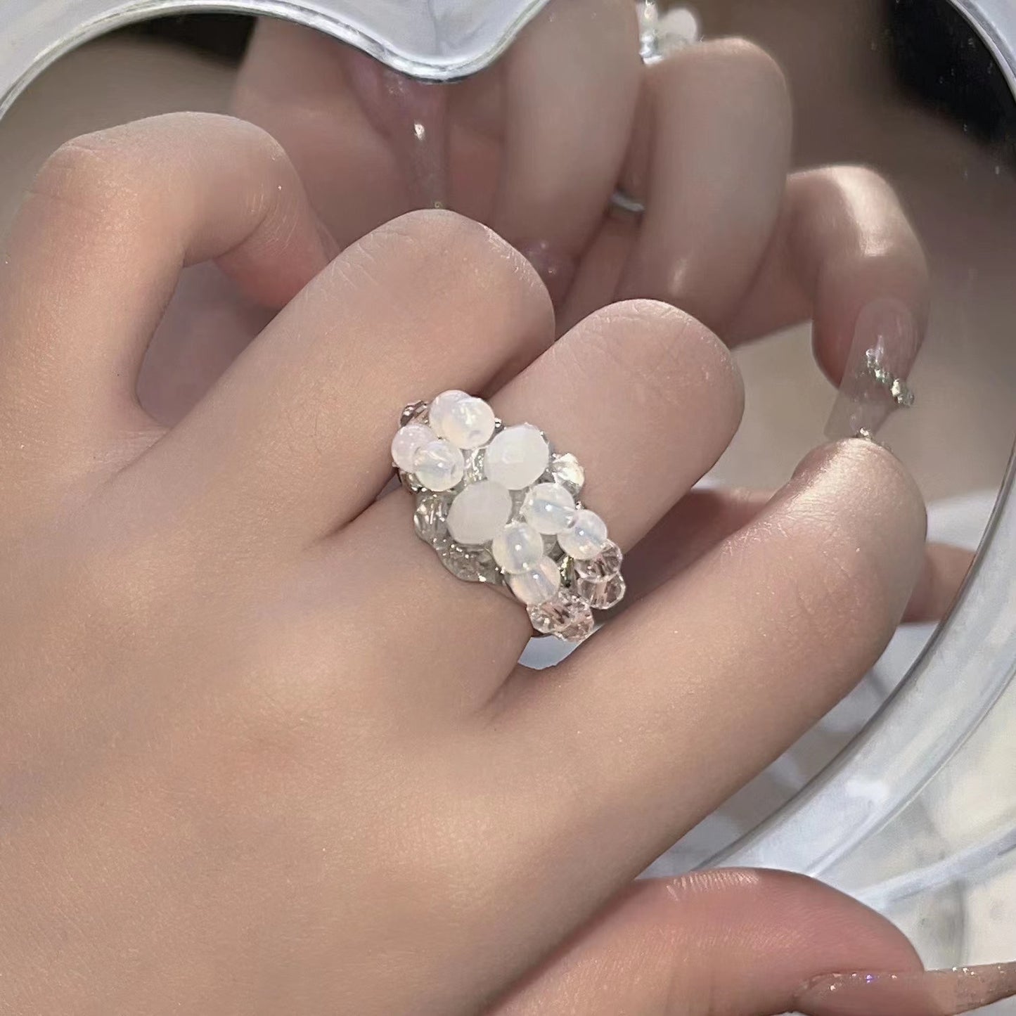 Original design a variety of hand-beaded crystal tourmaline lava texture ring women ins light luxury premium feeling ring