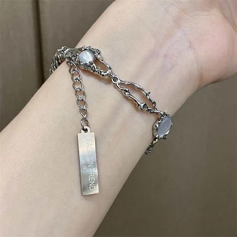 Titanium Steel Niche Design Moonstone Splicing Bracelet Advanced Cold Wind White Agate Gemstone Beaded Bracelet