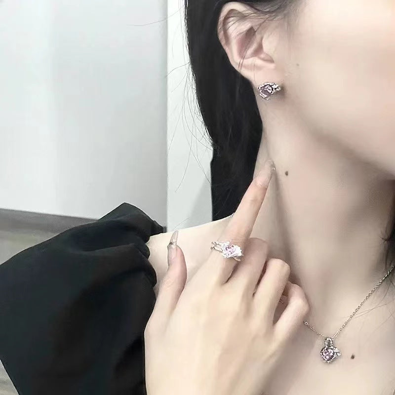 Pink zirconia love necklace niche design lava opening ring irregular senior sense of sweet cool wind earrings female