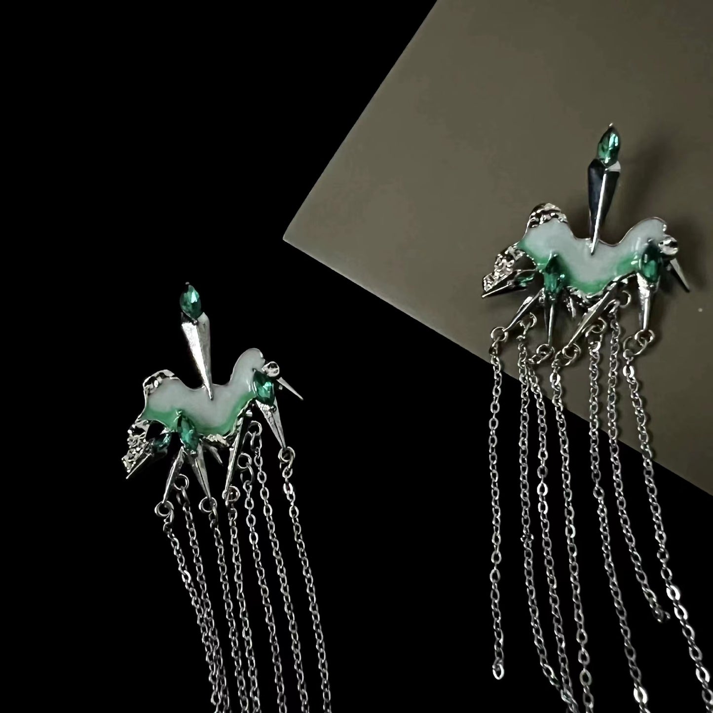 Sweet cool girl thin green zircon tassel long earrings