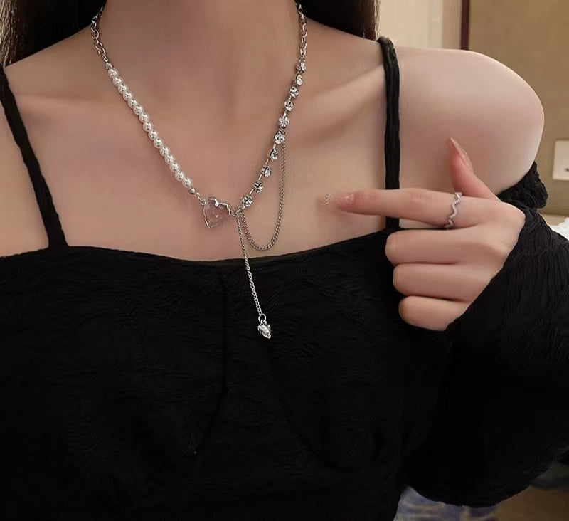 High-class feeling crystal love pearl necklace