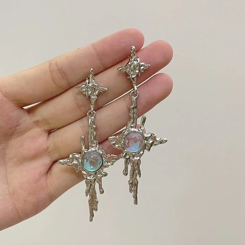 Chinese national tide wind white agate Cross Earrings